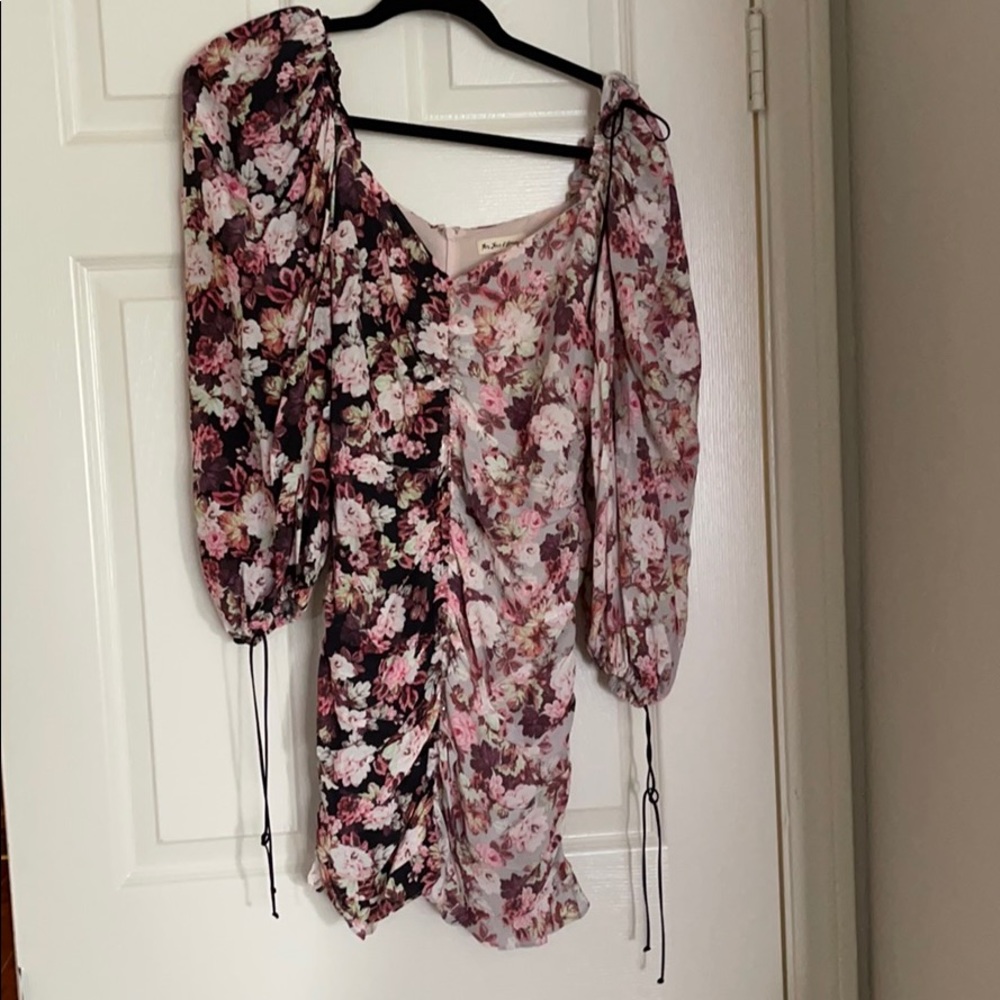 For Love & Lemons Floral One-Shoulder Mini Dress in Black and Pink